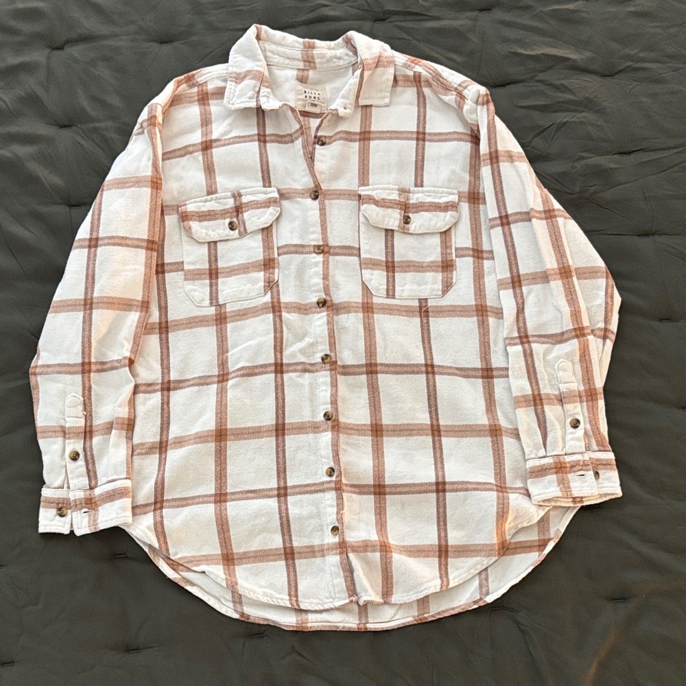 Billabong White and Tan Plaid Oversized Button Down